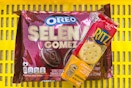 selena gomez oreo and ritz crackers in a yellow shopping basket