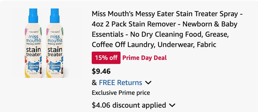 Miss Mouth's Stain Treater Spray Amazon receipt