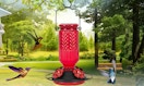 a red hummingbird feeder outside