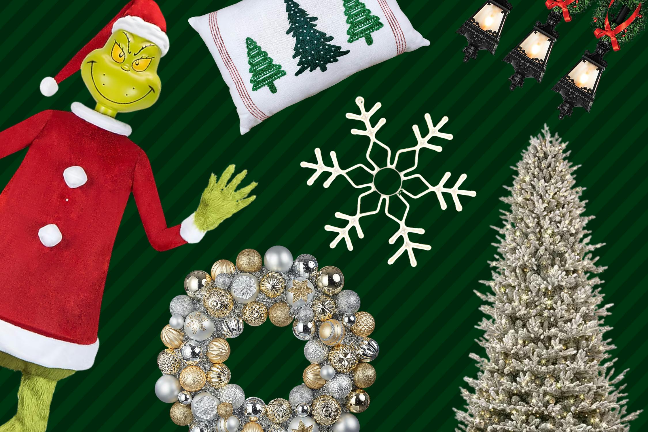 animatronic Grinch, holiday throw pillow, light up snowflake, ornament wreath Christmas tree, and outdoor light