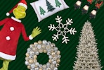 animatronic Grinch, holiday throw pillow, light up snowflake, ornament wreath Christmas tree, and outdoor light