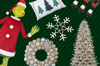 animatronic Grinch, holiday throw pillow, light up snowflake, ornament wreath Christmas tree, and outdoor light