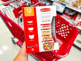 hand holding a rubbermaid 12-piece set over a target cart