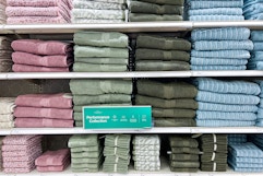 bath towels sitting on a target shelf