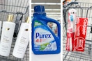 collage image of dove shampoo, purex detergent, and colgate toothpaste