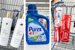 collage image of dove shampoo, purex detergent, and colgate toothpaste