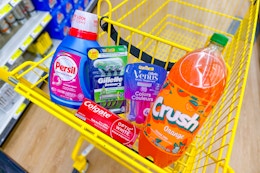 crush, persil, gillette, venus, colgate products in a dollar general shopping cart