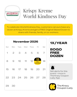 a calendar graphic showing the date for krispy kreme world kindness day 2026