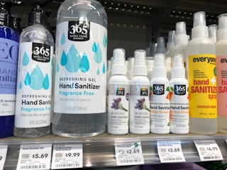 Whole Foods 365 brand hand sanitizer on the shelf.