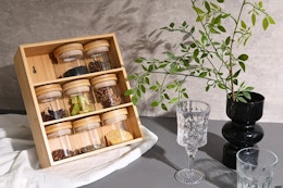 Lifestyle image of the Better Homes & Gardens Glass Jar Set in Bamboo Shelf