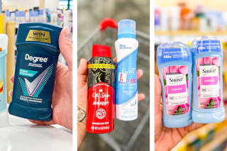 collage image of degree, old spice, secret, and suave deodorant