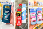 collage image of degree, old spice, secret, and suave deodorant
