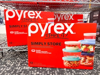 Pyrex food storage container sets on display in Macy's.