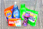 tide pods, dawn dish soap, gain and gain flings detergent, downy unstoppables, and bounce dryer sheets in a cart