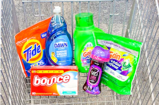 tide pods, dawn dish soap, gain and gain flings detergent, downy unstoppables, and bounce dryer sheets in a cart