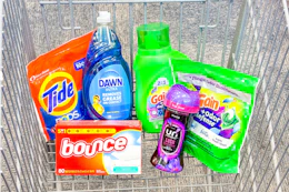 tide pods, dawn dish soap, gain and gain flings detergent, downy unstoppables, and bounce dryer sheets in a cart