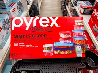 red box of the pyrex 22 pc glass storage set in a kohl's shopping cart
