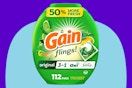  Gain flings Laundry Detergent Pacs, 112 Count, Original Scent with Oxi Boost and Febreze, 3-in-1 on a blue background.