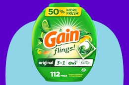  Gain flings Laundry Detergent Pacs, 112 Count, Original Scent with Oxi Boost and Febreze, 3-in-1 on a blue background.