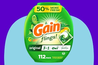  Gain flings Laundry Detergent Pacs, 112 Count, Original Scent with Oxi Boost and Febreze, 3-in-1 on a blue background.