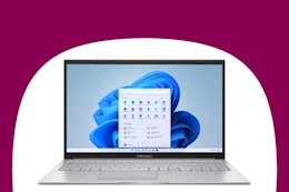 costco asus laptop on magenta and white background