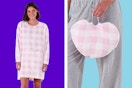 2 lifestyle images of the pink plaid plush lounger with zipper pouch (brand: No Boundaries)
