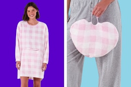 2 lifestyle images of the pink plaid plush lounger with zipper pouch (brand: No Boundaries)