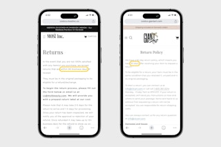 two phones, one showing the return policy for Most Inc, 90 days after receipt, and the other from Giant Art, 60 days from receipt