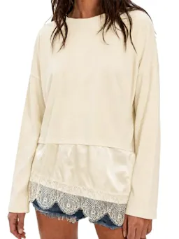 Women's Long Sleeve Lace Trim Top