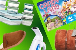 Anchor Hocking food storage, men's slippers, clothing steamer, large candy land, and blanket