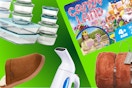 Anchor Hocking food storage, men's slippers, clothing steamer, large candy land, and blanket