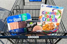 kroger shopping cart with turkey, ice cream, and cereal