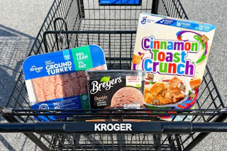 kroger shopping cart with turkey, ice cream, and cereal