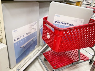 plastic dev group 6 foot folding banquet table on a target shelf and 4 foot folding banquet table in a target cart