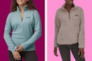 Different Patagonia women's pullovers on a maroon and pink collage background.