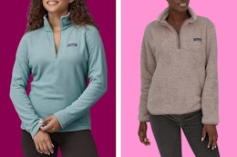 Different Patagonia women's pullovers on a maroon and pink collage background.