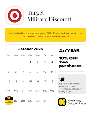Calendar graphic of Target military discount confirmed for october 26 2025