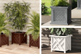 3 lifestyle images of Pure Garden planters in 3 different colors