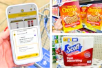 collage with a products and a hand holding a smartphone displaying a 1-clip coupon deal in the kcl app