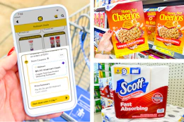 collage with a products and a hand holding a smartphone displaying a 1-clip coupon deal in the kcl app