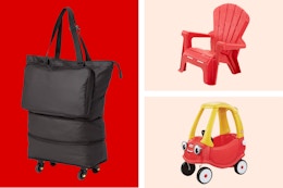 Rolling tote bag, Kids Adirondack Chair and a Little Tikes Cozy Coupe 