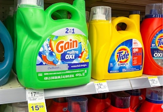 gain liquid detergent on shelf with sale tag