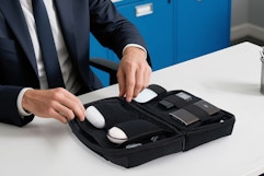 man using electronic case organizer at desk