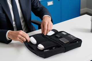 man using electronic case organizer at desk