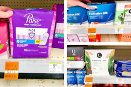 collage with poise, l., and walgreens feminine care products