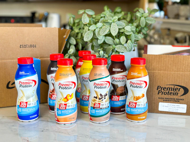 Bottles of Premier Protein on coutertop