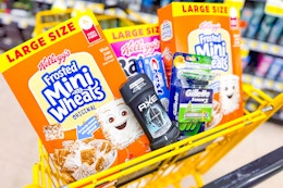 kellogg's, axe, gillette, crest products in a dollar general shopping cart