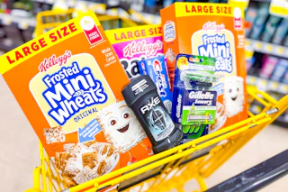 kellogg's, axe, gillette, crest products in a dollar general shopping cart