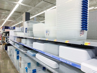 area photo of plastic storage bins in walmart store