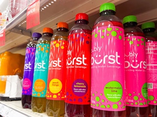bottles of Bubly Burst sparkling water on a store shelf